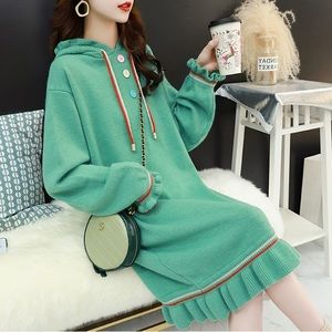 NEW Green Hooded Long Sleeve Sweater Dress